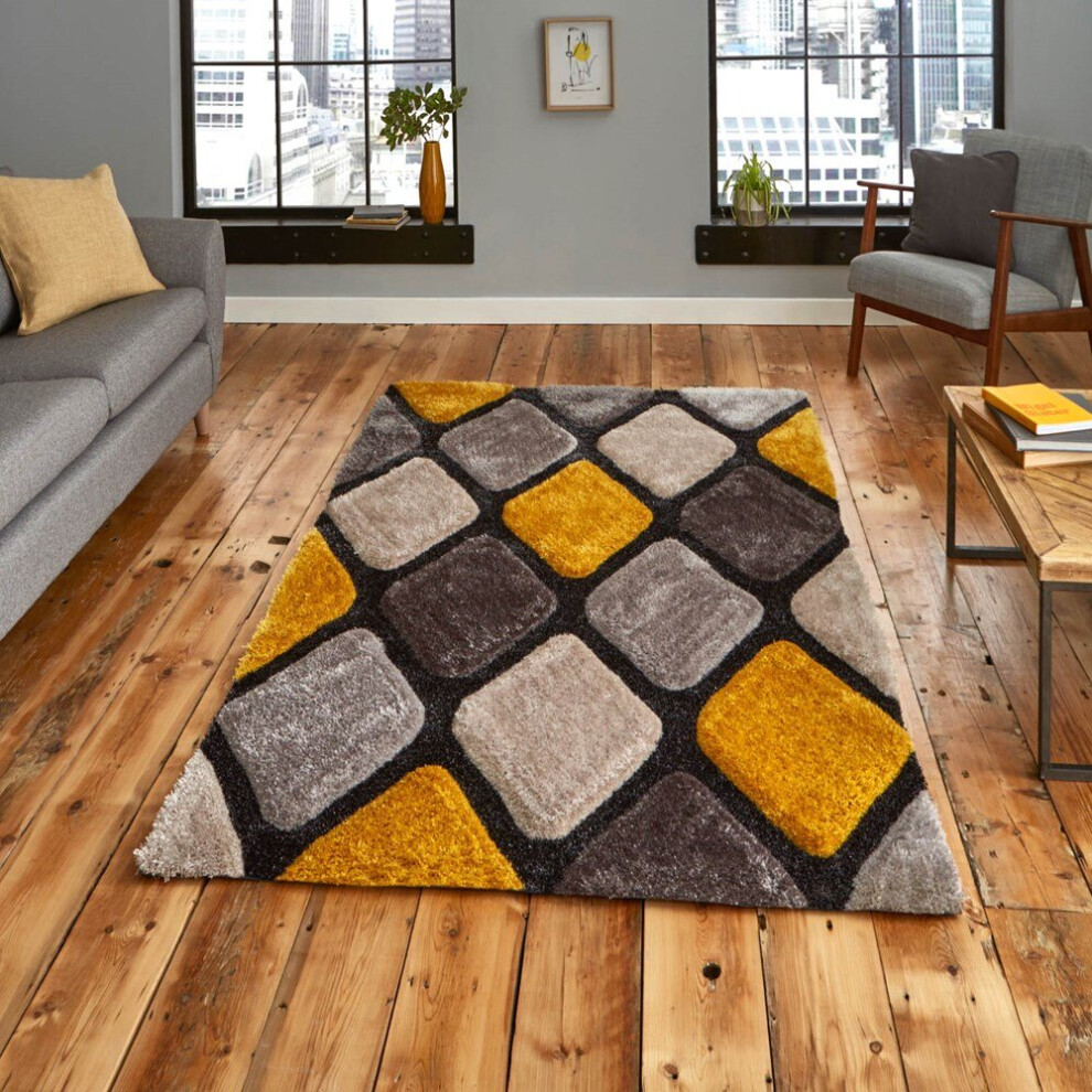 (150x230cm) Noble House Rugs NH9247 Grey Yellow Textured 3D Effect Hand Carved Geometric Mats