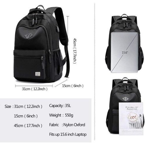 (Black) Unisex Waterproof Rucksack With USB Charging Port 1