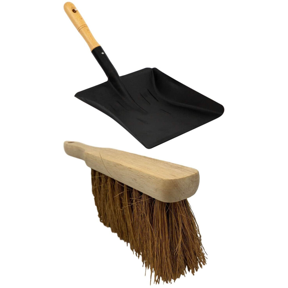 Heavy Duty Coal Shovel and Brush Set - 9 Inch Metal Hand Shovel with Wooden Handle Ideal Large Garden Dustpan or Fireside Set