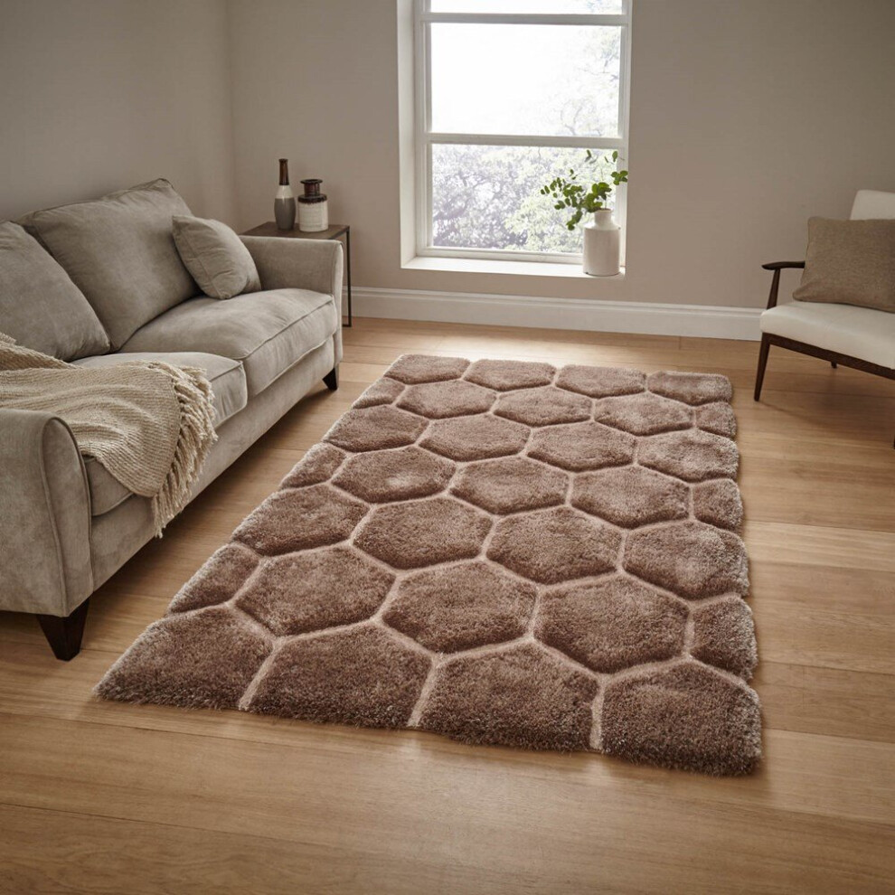 (150x230cm) Noble House Honeycomb Geometric Rugs NH30782 in Beige Textured 3D Effect Hand Carved Mats