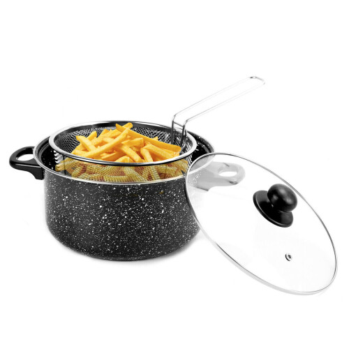 URBN-CHEF Non Stick Deep Fat Fryer | Black Marble Design Chip Pan Pot