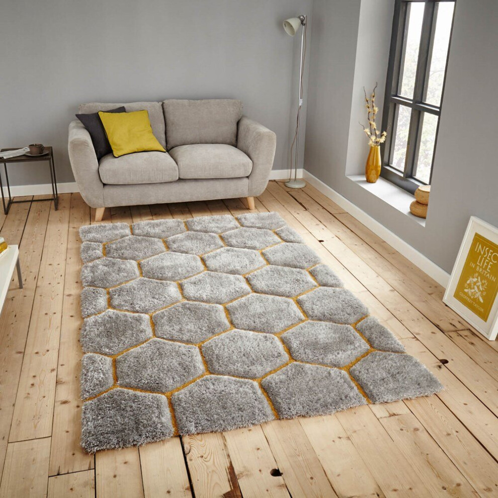 Think Rugs (120X170cm) Noble House Honeycomb Geometric Rugs Nh30782 In Grey Yellow Textured 3D Effect Hand Carved Mats