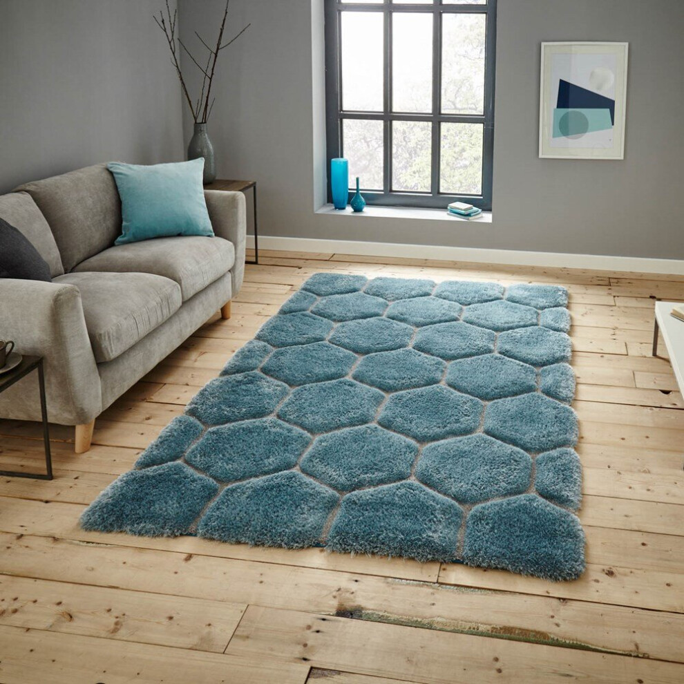 (150x230cm) Noble House Honeycomb Geometric Rugs NH30782 in Blue and Grey Textured 3D Effect Hand Carved Mats