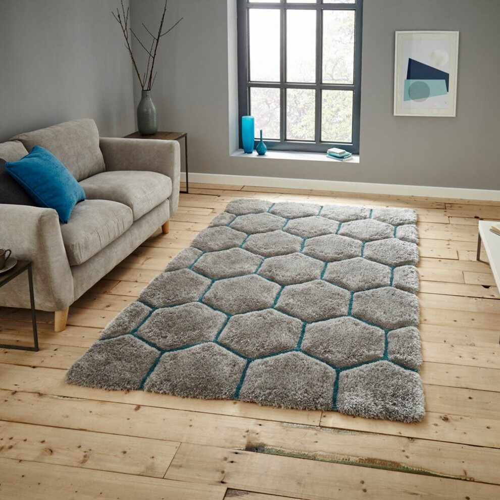 (150x230cm) Noble House Honeycomb Geometric Rugs NH30782 in Grey Blue Textured 3D Effect Hand Carved Mats