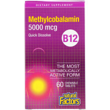 Natural Factors, B12, Méthylcobalamine, 5 000 mcg, 60 Comprimés à Croquer