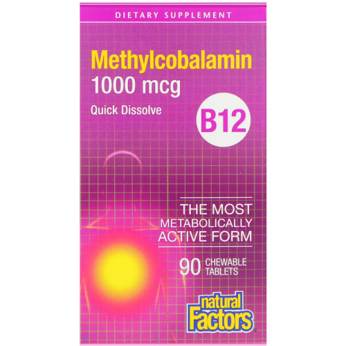 Natural Factors, B12, Méthylcobalamine, 1 000 mcg, 90 Comprimés à Croquer