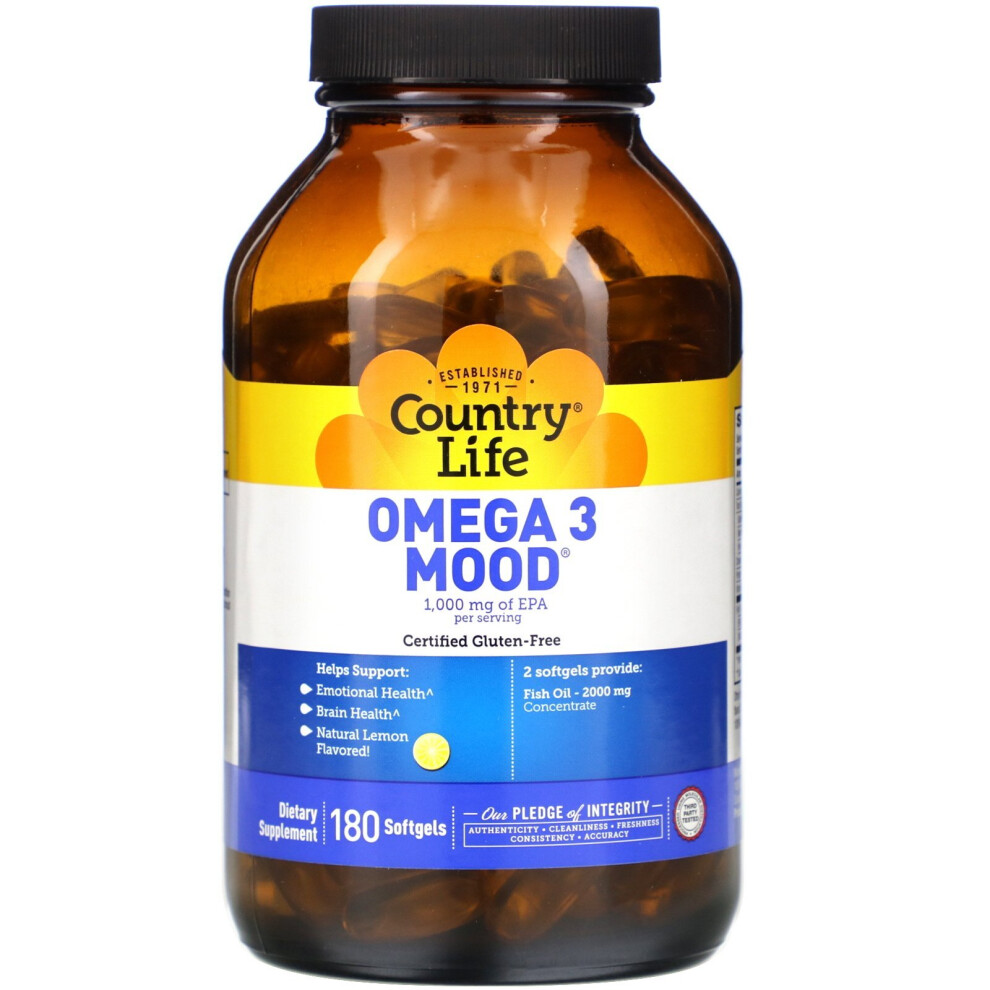 Country Life , Omega 3 Mood, Natural Lemon, 180 Softgels