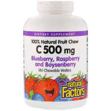 Natural Factors, Fruchtgeschmack Kautabletten Vitamin C, Heidelbeere, Himbeere und Boysenbeere, 500 mg, 180 Kautabletten