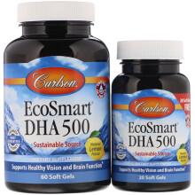 Carlson, EcoSmart DHA, Saveur Citron Naturel, 500 mg, 60 Gélules Molles + 20 Gélules Molles
