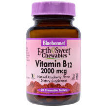 Bluebonnet Nutrition, Comprimés à Croquer EarthSweet, Vitamine B12, Framboise, 2 000 mcg, 90 Comprimés à Croquer