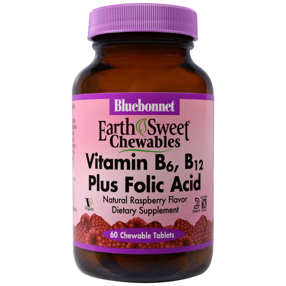 Bluebonnet Nutrition , Earthsweet Chewables, Vitamin B6, B12 Plus Folic Acid, Natural Raspberry Flavor, 60 Chewable Tablets