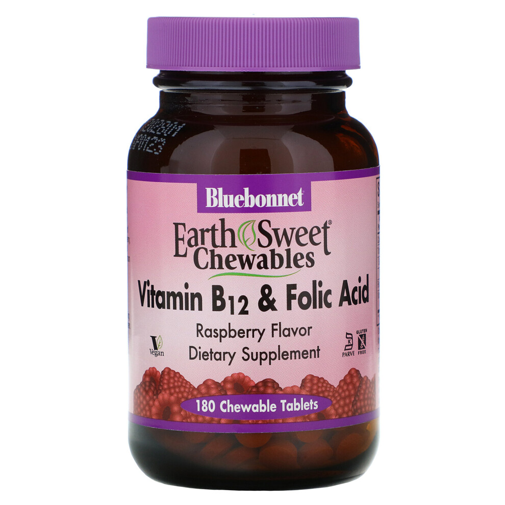 Bluebonnet Nutrition , Earthsweet Chewables, Vitamin B-12 & Folic Acid, Natural Raspberry Flavor, 180 Chewable Tablets