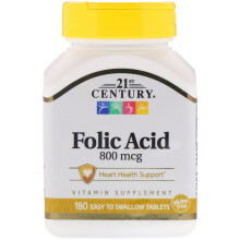 21st Century, Folsäure, 800 mcg, 180 Leicht zu schluckende Tabletten