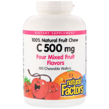 Natural Factors, Fruchtgeschmack Kautabletten Vitamin C, Vier gemischte Fruchtgeschmäcker, 500 mg, 180 kaufähige Waffeln