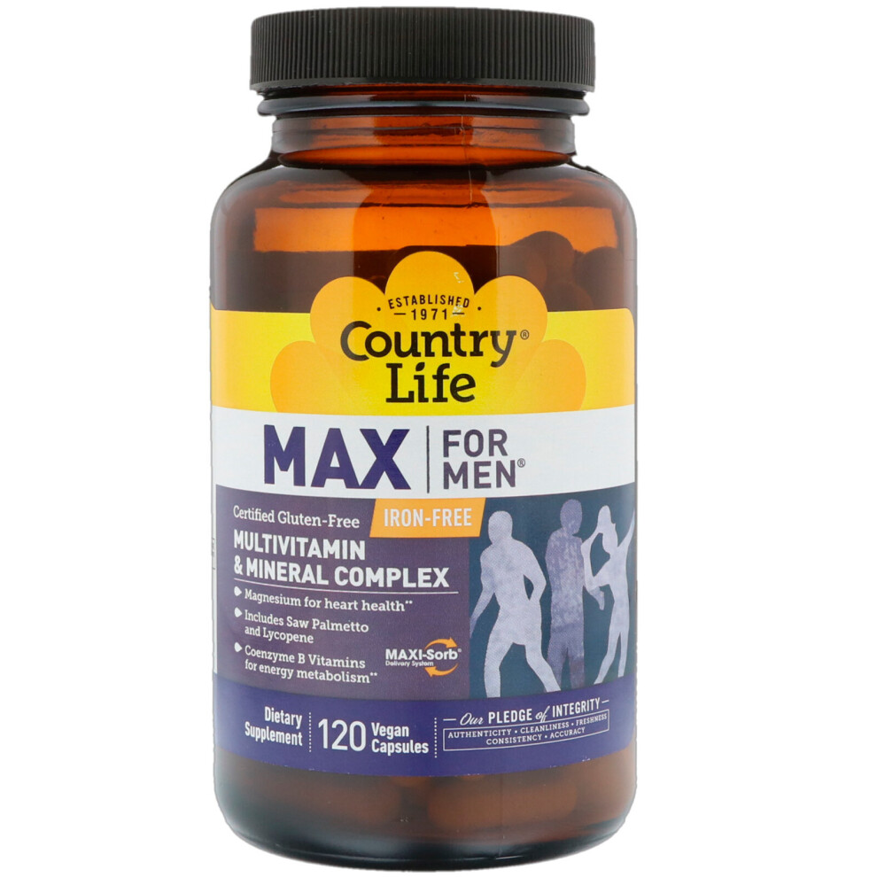 Country Life , Max For Men, Multivitamin & Mineral Complex, Iron-Free, 120 Vegan Capsules