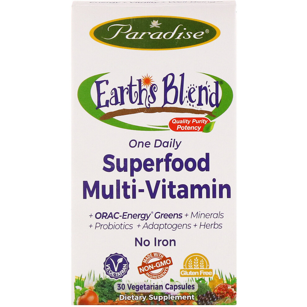 Paradise Herbs , Earth's Blend, One Daily Superfood Multi-Vitamin, No Iron, 30 Vegetarian Capsules
