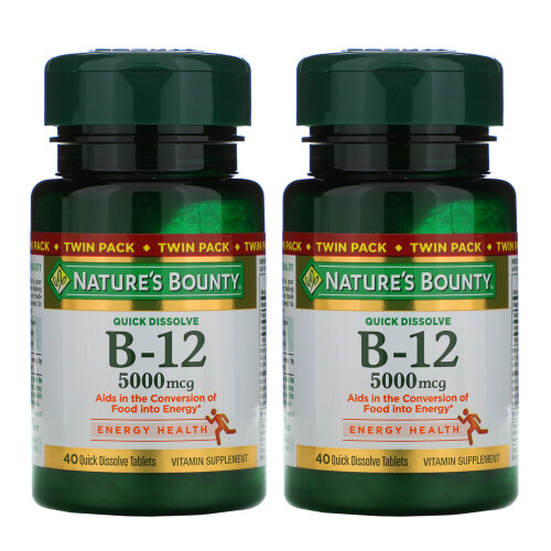 Nature's Bounty, B-12, Cerise Naturelle, 5 000 mcg, Double Pack, 40 Comprimés à Dissolution Rapide Chacun