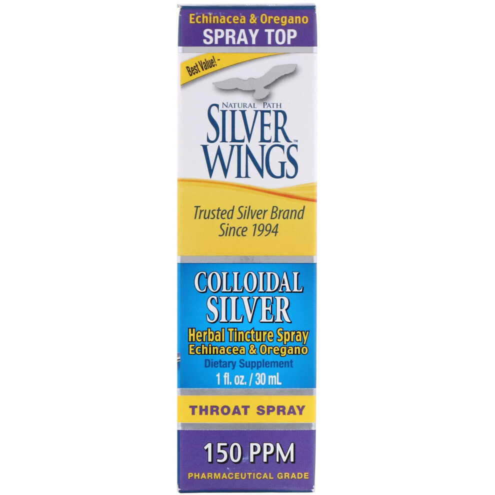 Natural Path Silver Wings Silver Natural Path Wings, Colloidal Herbal Tincture Throat Spray, 150 Ppm, 1 Fl Oz (30 Ml)
