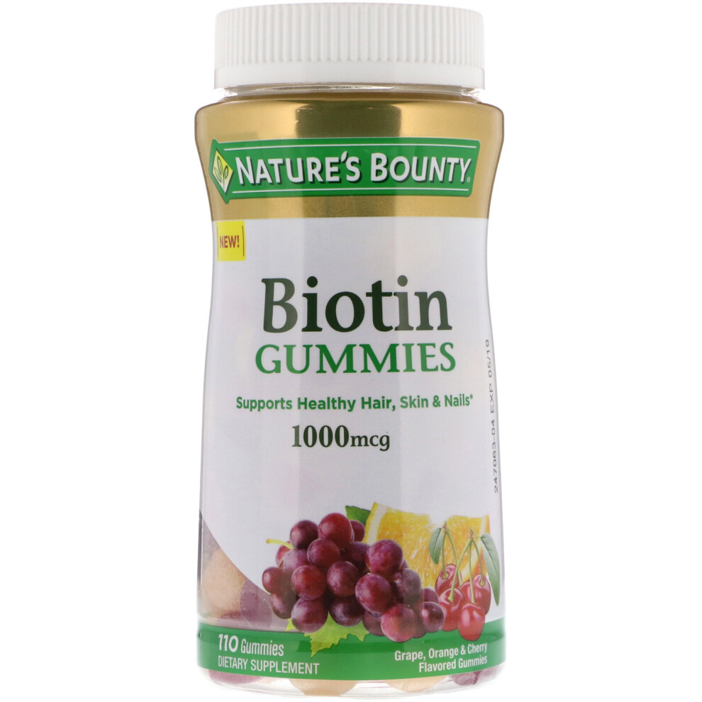 Nature's Bounty Orange Biotin Gummies, Grape, & Cherry Flavored, 1,000 Mcg, 110 Gummies