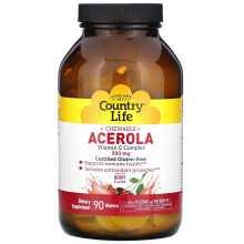 Country Life, Kautabletten Acerola, Vitamin C Komplex, Beere, 500 mg, 90 Waffeln
