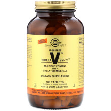 Solgar, Formule V VM-75, Multivitamines avec Minéraux Chélatés, Sans Fer, 180 Comprimés