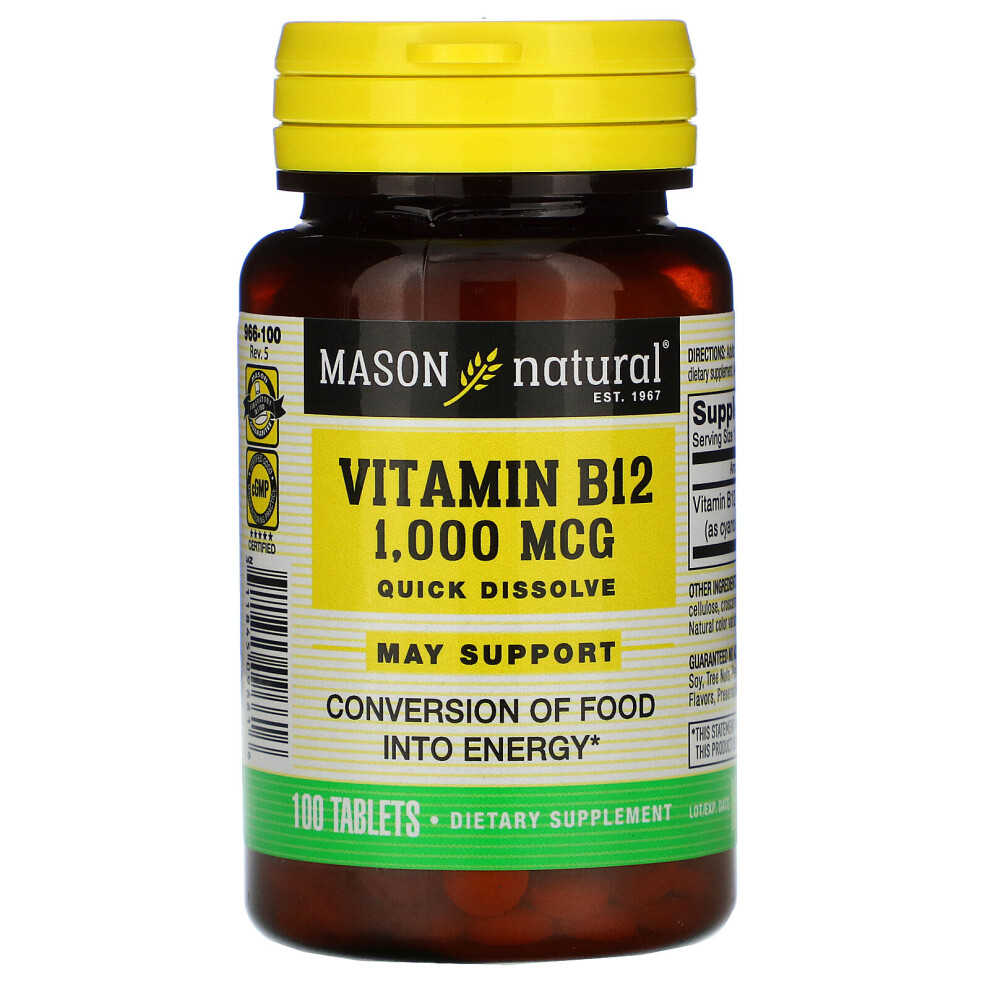 Mason Natural , Vitamin B-12, Quick Dissolve, 1,000 Mcg, 100 Tablets