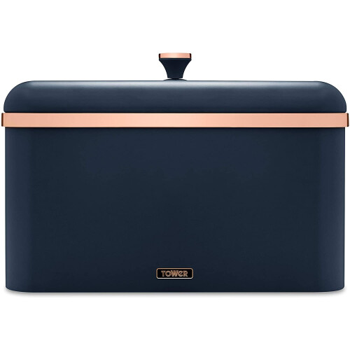 Tower T826130MNB Cavaletto Bread Bin Storage, Carbon Steel, Removable Lid, Midnight Blue and Rose Gold