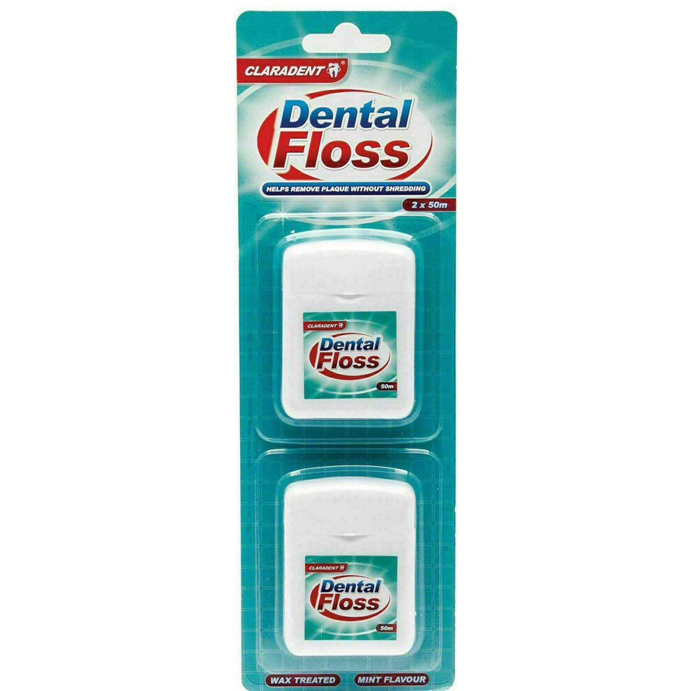 Claradent Dental Floss 2 X 50 M Mint Flavour Wax-Coated - Helps Prevent Gum Disease | Dc1002a-24
