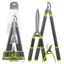 Set of 3 Garden Tools: Lopper, Pruning Shears & Secateur with Rubberized Handles - Black & Green