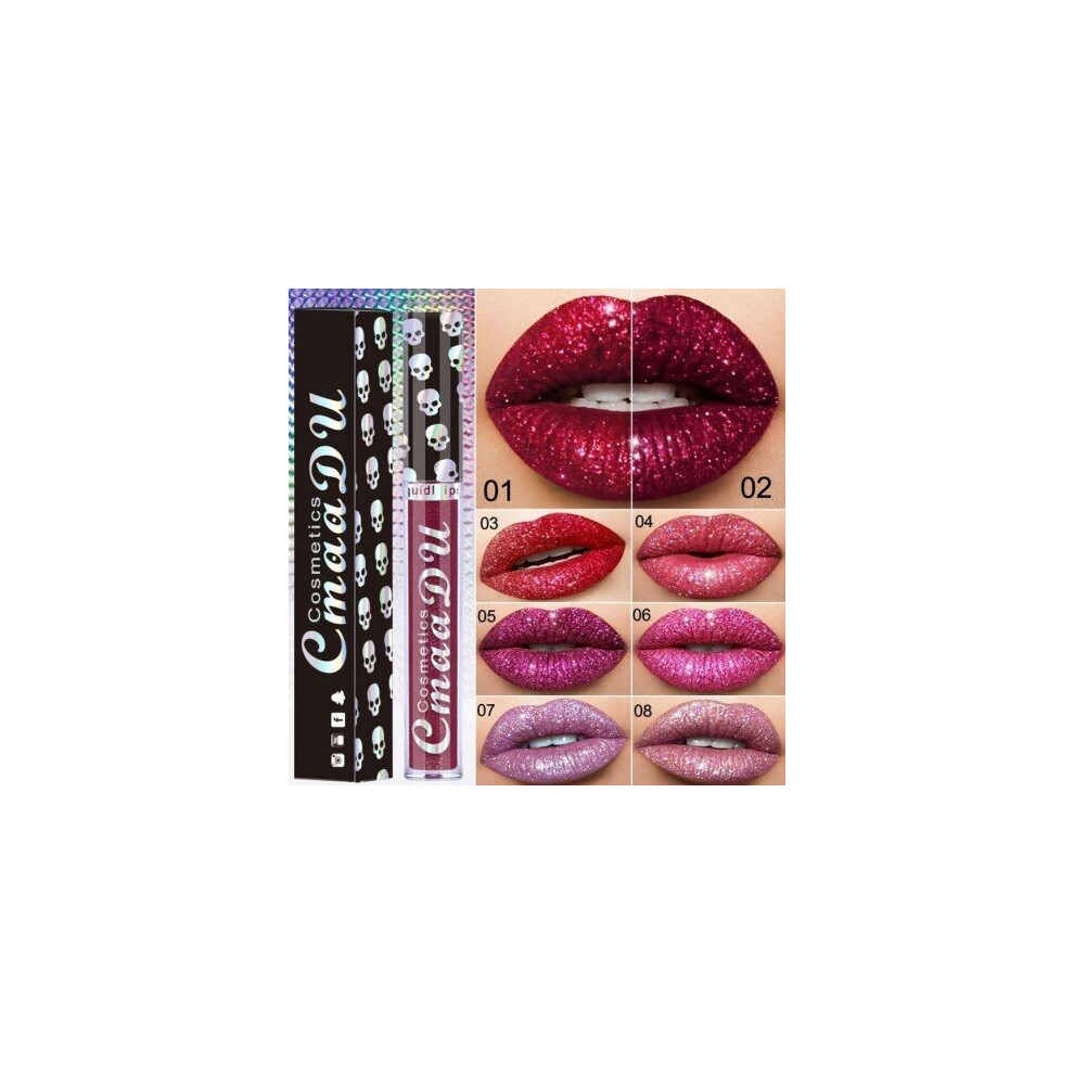 (B) CmaaDu 8 Colors Lip Gloss Laser Skull Head Diamond Phantom Lipstick Shiny Metal Lipgloss Sexy Plum Cosmetic Makeup Beauty Tools
