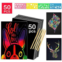 Scratch Art for Kids,50 Sheets Rainbow Scratch Notes Paper Combo Arts Set Black Magic Scratch Art Notes Paper Boards Doodle Pad for Christmas Birthd