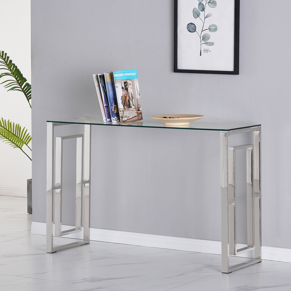 (Console Table) Charles Jacobs Console | Coffee | End Table Clear Glass Furniture With Stainless Mirrored Inner Square Leg Design