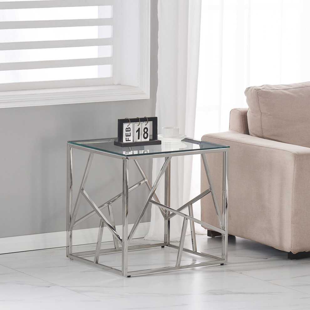 (End Table) Charles Jacobs Console | Coffee | End Table Clear Glass Furniture With Stainless Mirrored Patterned Leg Design