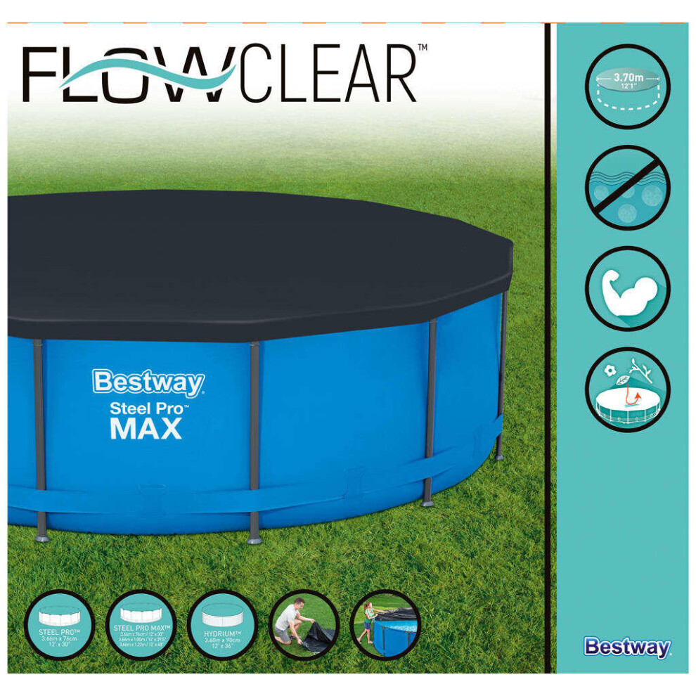Bestway Flowclear 366 Cm Round Above Ground Pool Cover – Anthracite, Drains Water, Straps, Durable Pvc 58037