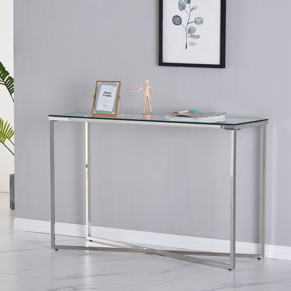 (Console Table) Charles Jacobs Console | Coffee | End Table Clear Glass Furniture With Stainless Mirrored Cross Base Leg Design