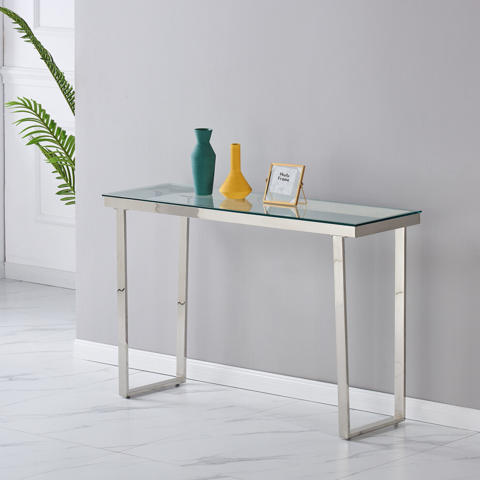 (Console Table) Charles Jacobs Console | Coffee | End Table Clear Glass Furniture With Stainless Mirrored Angled Leg Design