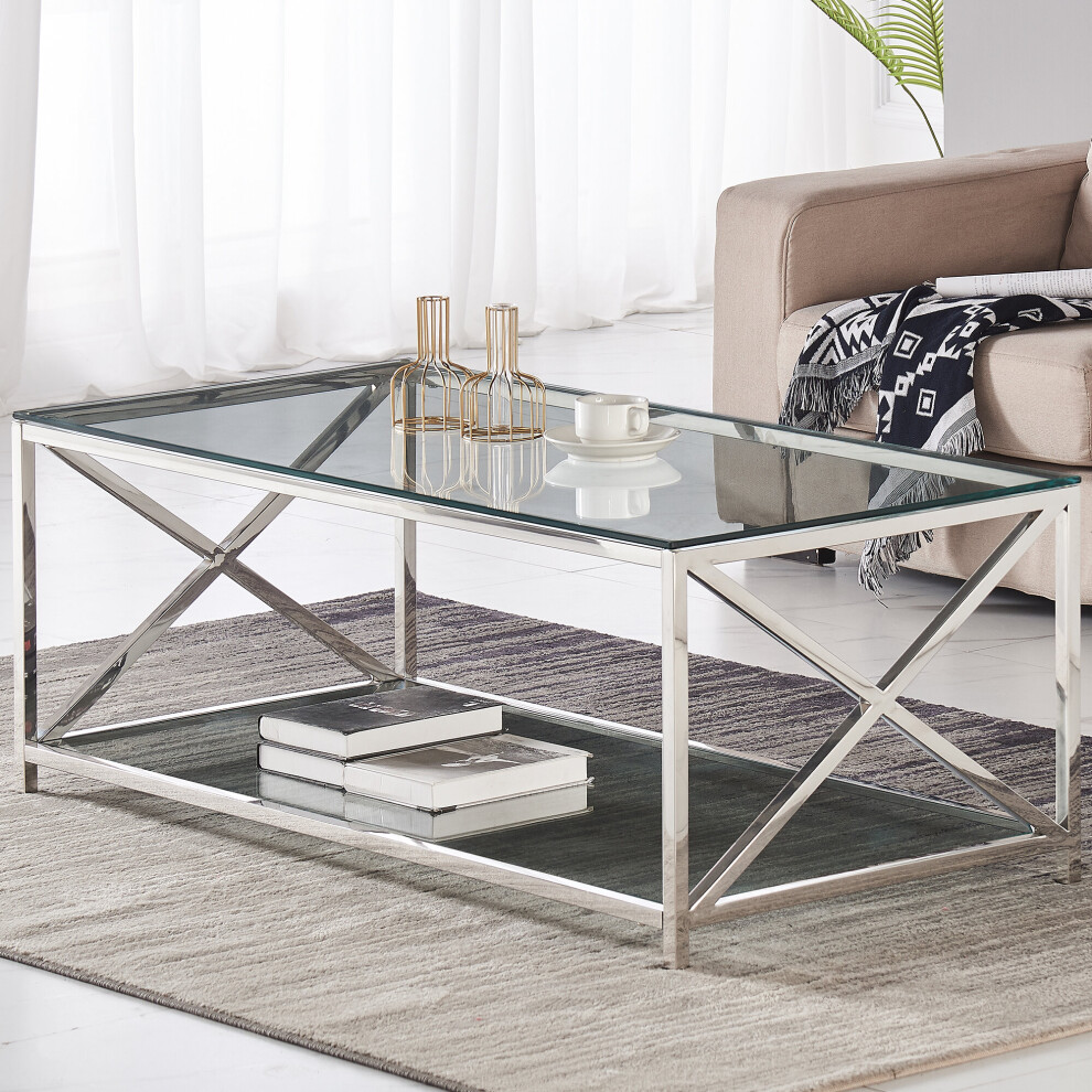 (Coffee Table) Charles Jacobs Console | Coffee | End Table Clear Glass Furniture With Stainless Mirrored Cross Leg Glass Base