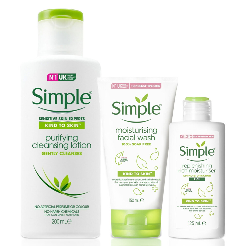 Simple KindToSkin BundleOf RichMoisturiser, Lotion, Facewash&Sheetmask