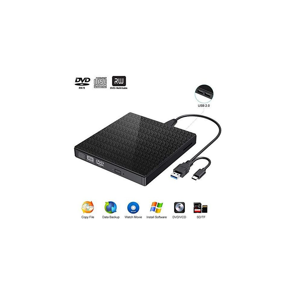 Comter External CD DVD Drive, USB 3.0 USB-C CD DVD RW Reader Rewriter with SD TF Card Reader & USB-Stick, Supe rdrive for Laptop PC Windows10/8/7/ V