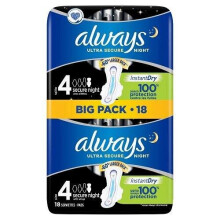 Always Ultra Secure Night Sanitary Towels Wings 18 Pads, Super Absorbent, Thin, Neutralises Odours Extra Coverage, Size 4