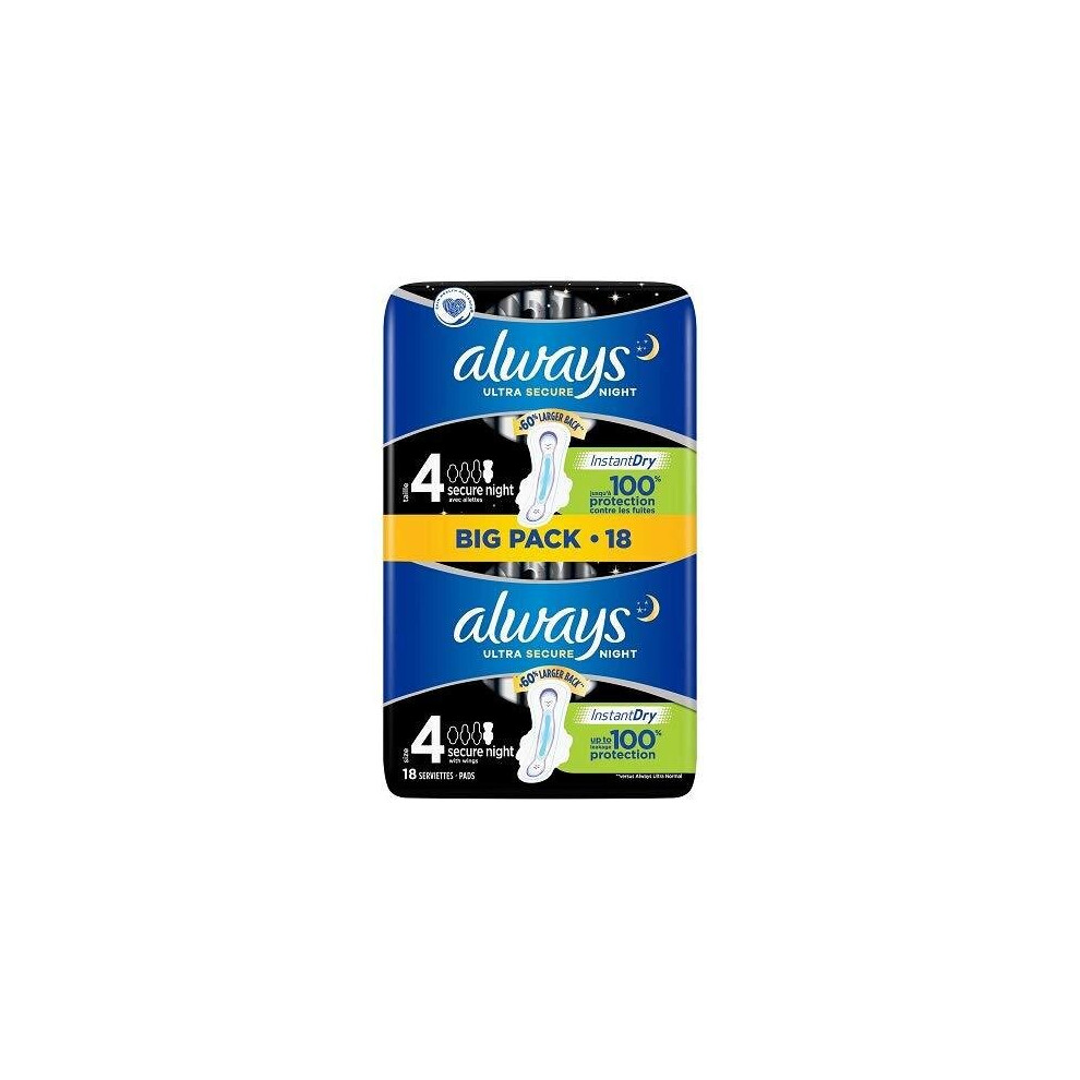 Always Ultra Secure Night Sanitary Towels Wings 18 Pads, Super Absorbent, Thin, Neutralises Odours Extra Coverage, Size 4