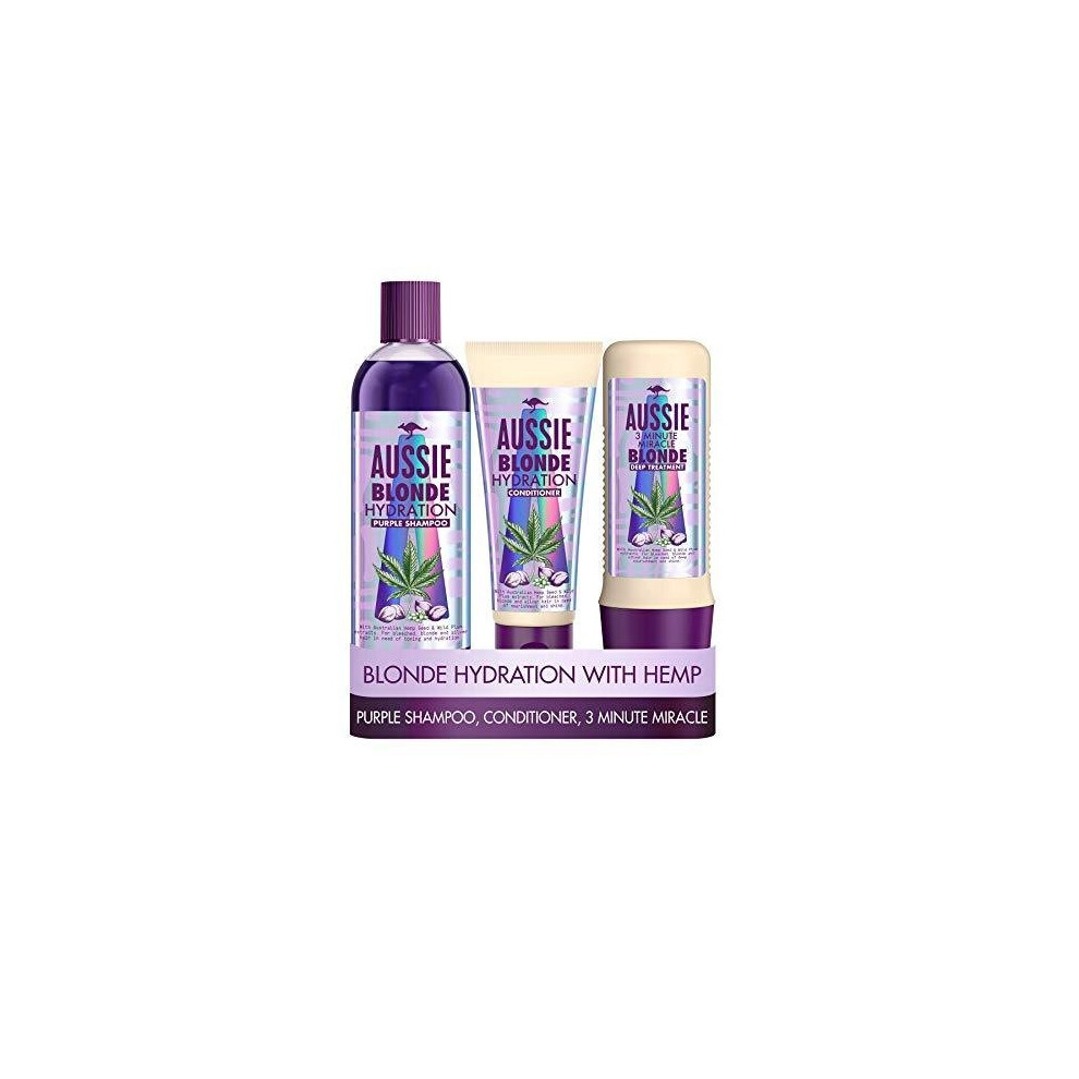 Aussie Blonde Hydration Purple shampoo, Hair Conditioner and 3 Minute Miracle Hair Mask Set. A Shampoo and Conditioner Set That Neutralises Brassy a