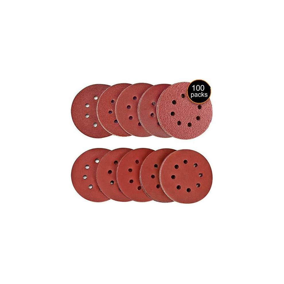 Aniyoo 100pcs 125mm Sanding Discs Round 8 Hole Sanding Discs Pads 40/60/80/100/150/180/240/320/400/600 Hook and Loop Sandpaper for Random Orbital Sa