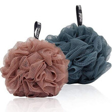 HAPPY FINDING 2 Pack Bath & Shower Body Puff/Scrunchie, Exfoliating Mesh Shower Ball in Brown & Blue