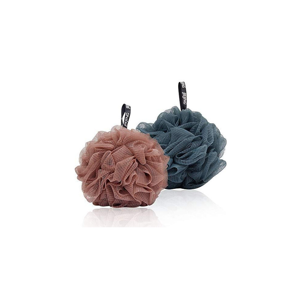 HAPPY FINDING 2 Pack Bath & Shower Body Puff/Scrunchie, Exfoliating Mesh Shower Ball in Brown & Blue