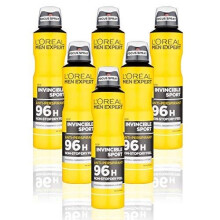 L'Oréal Men Expert Invincible Sport 96H Anti-Perspirant Deodorant for Men, 250 ml, Pack of 6, Bulk Buy
