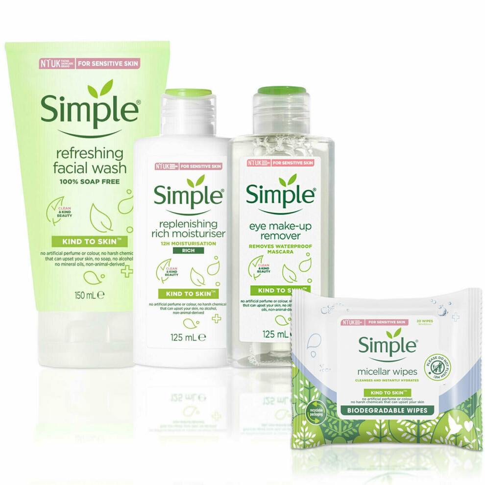 Simple Kind to Skin Micellar Wipes, Makeup Remover,Gelwash&Moisturiser
