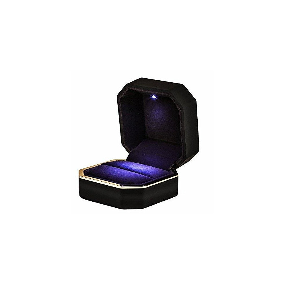 Aveson Ring Box, Square Velvet Wedding Ring Case Jewelry Gift Box With Led Light For Proposal Engagement Wedding, Black