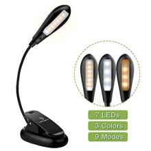 LENCENT 7 LED Book Light, 3 Colors and 9 Brightness Modes (Warm & White LEDs) USB Rechargeable Clip Reading Light for Kids, Clip on Lamp Built in Ba