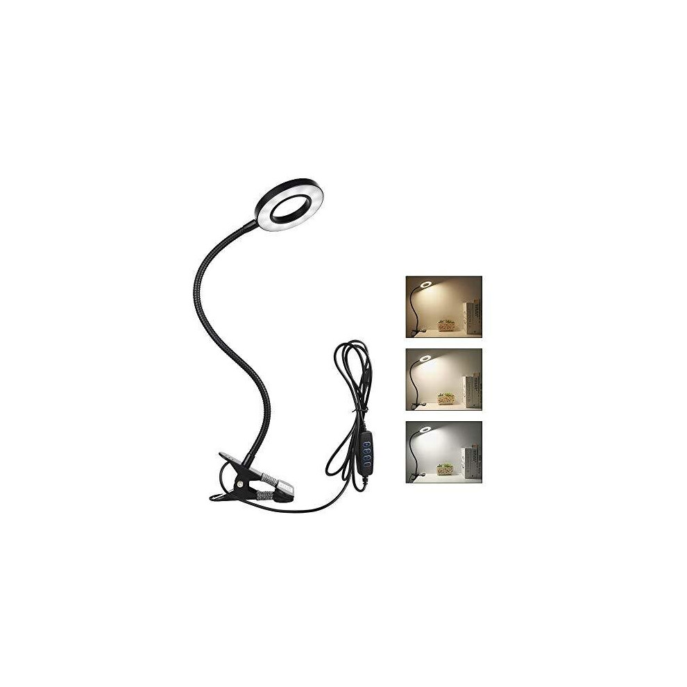 Semlos Clip Desk Light, LED Table Bedside Lamp with Clamp, White & Warm Dimmable Lights USB Powered for Reading Studying(Black, 8W)